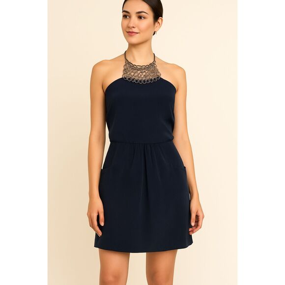 Sheri Bodell Black Silk Halter Mini Dress S Metal Ring Detail Tribeca Glam NWT - Picture 1 of 9